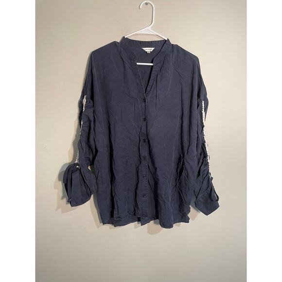 Moussy Navy Blue Chambray Button Front Slouchy Oversized Top Free Size - Picture 1 of 12